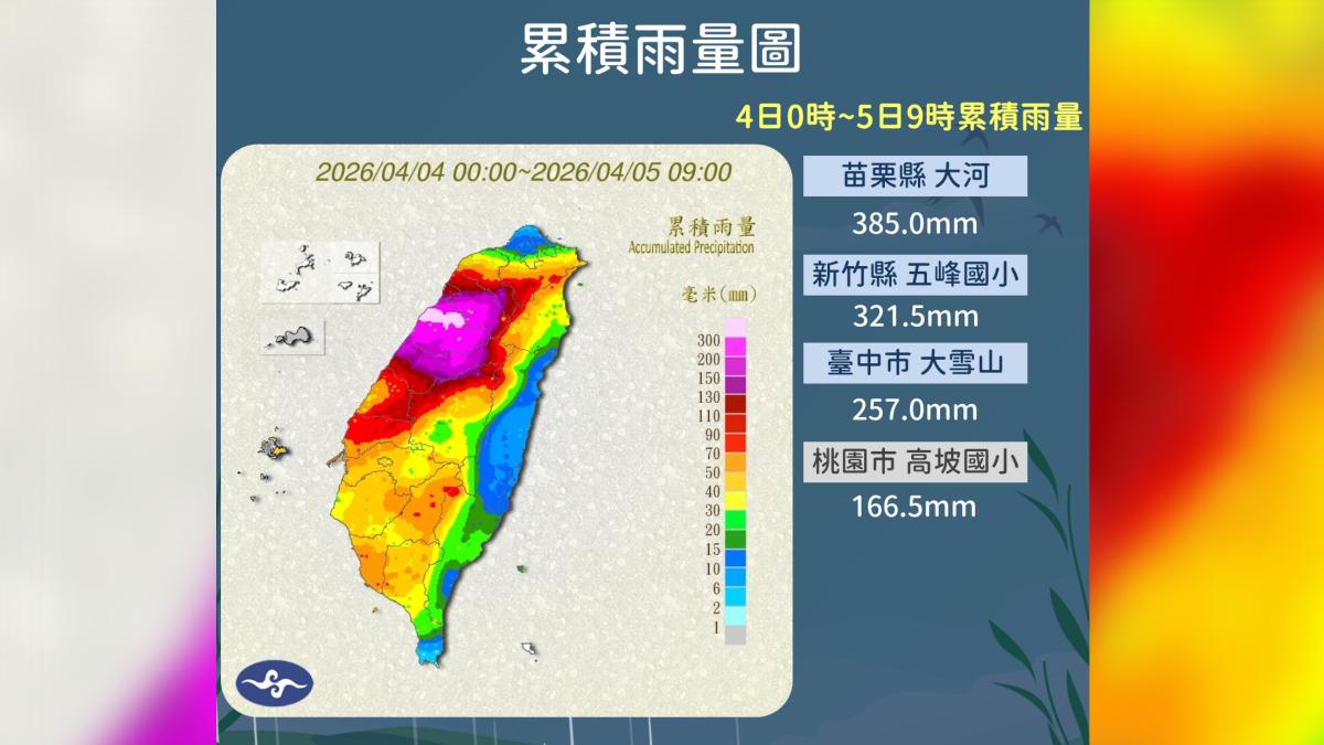 累積雨量苗栗大河385毫米居冠。(圖/氣象署)