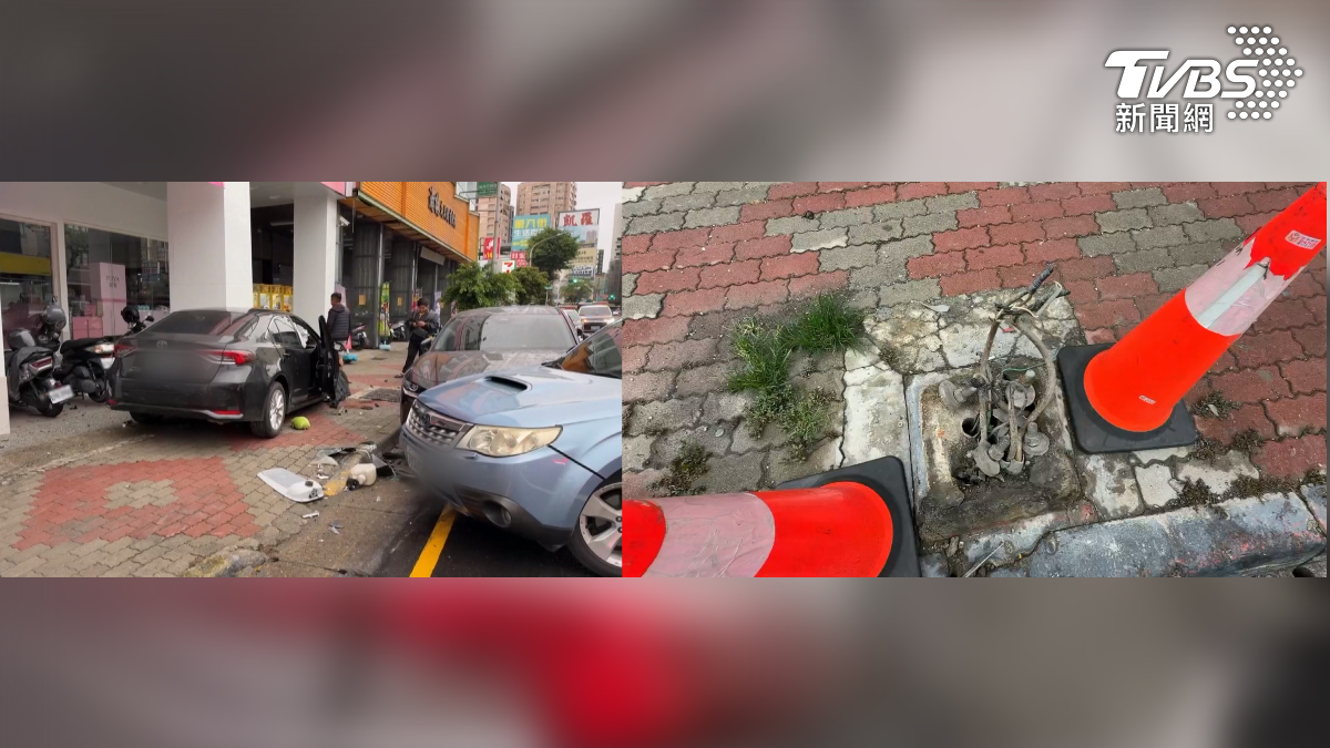 在高雄三民區，發生一起疲勞駕駛，直接逆向衝撞，把燈桿撞斷，還波及路邊3輛汽機車，把寶雅的玻璃門也撞破（圖／TVBS）