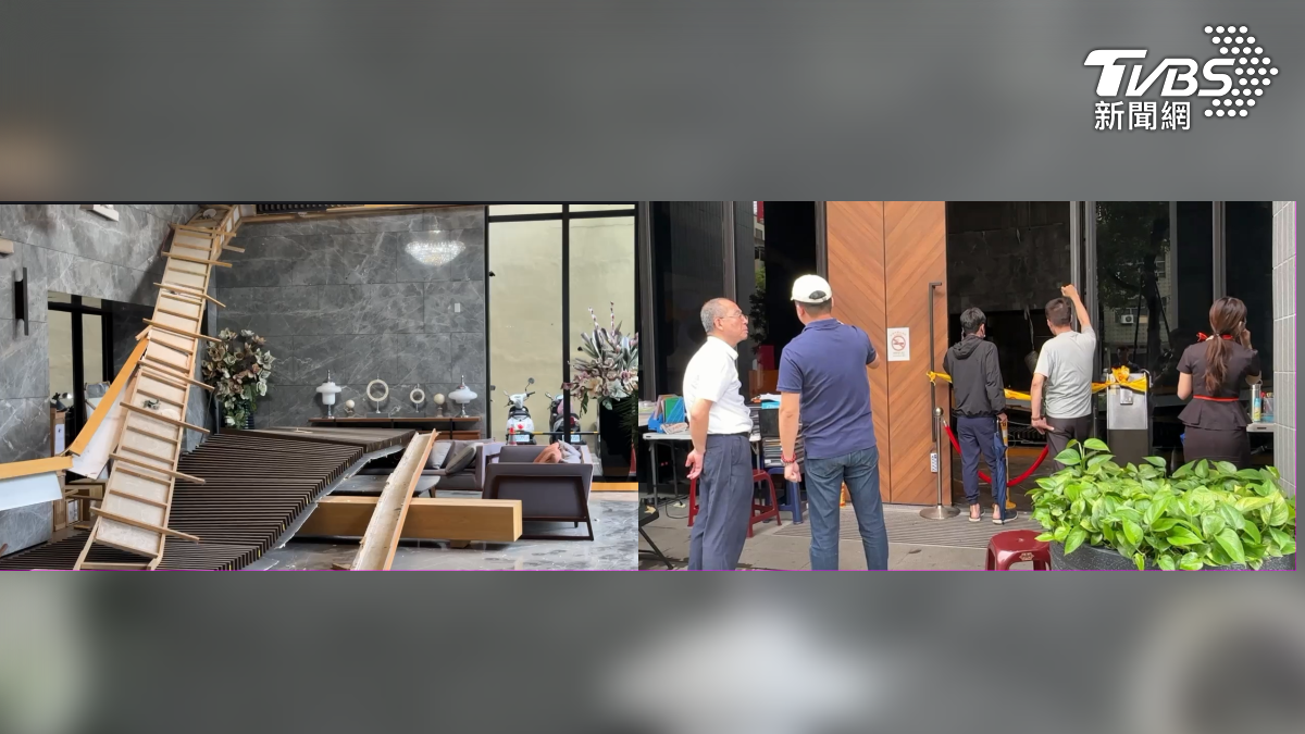 大廳內部宛如災難現場,消防人員在出入口拉起封鎖線,只能等後續建商與大樓管委會人員進一步處理(圖/TVBS)