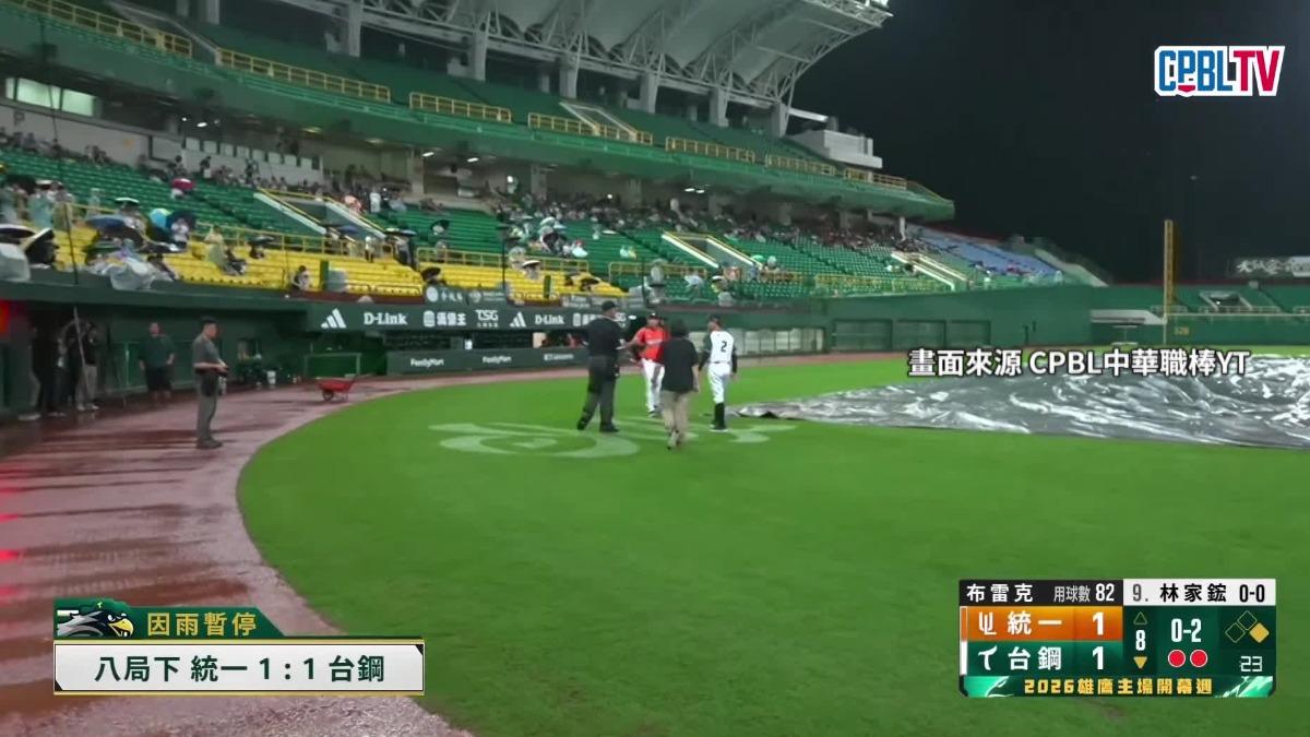 八局下兩出局時,雨勢再度變大,第二度暫停比賽。(圖/來源中華職棒YT)