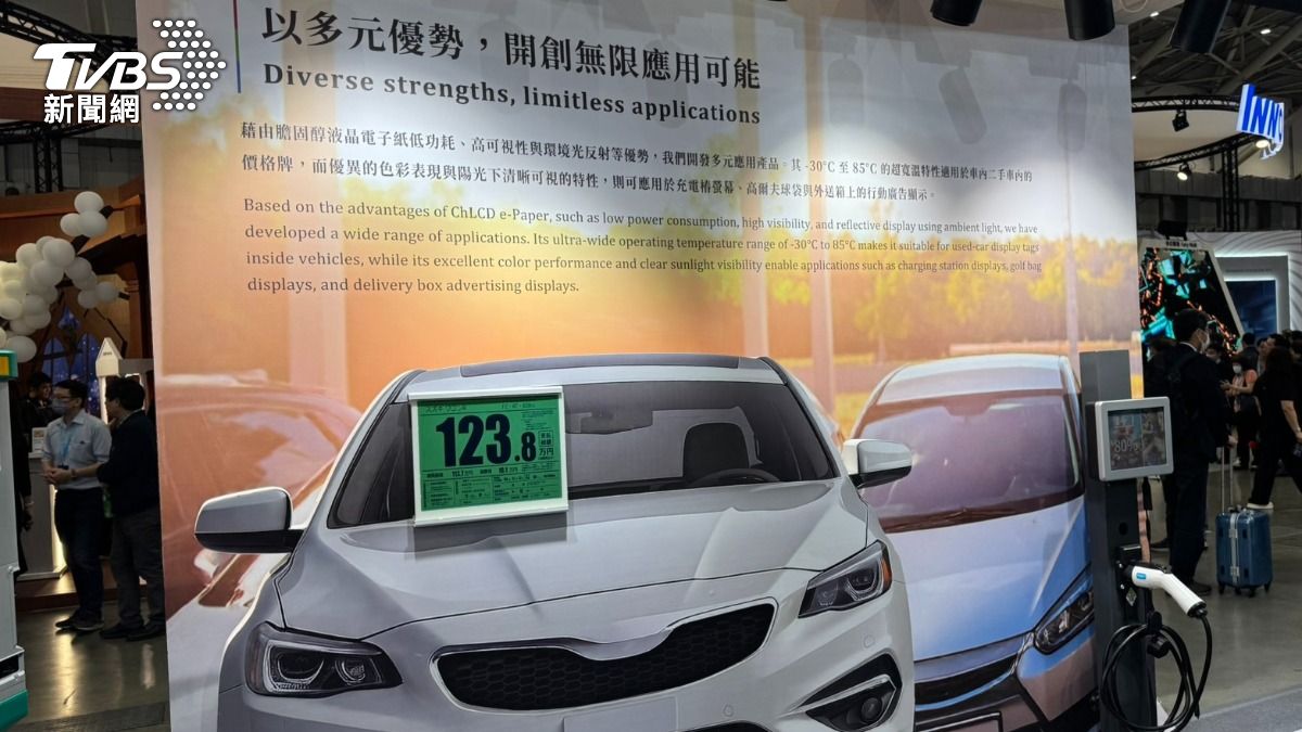 「膽固醇液晶電子紙」的-30度至85度的超寬溫特性適用於二手車內的價格牌，色彩在陽光下清晰可視；也可用在充電樁螢幕、外送箱上的行動廣告。（圖／謝佩穎攝）