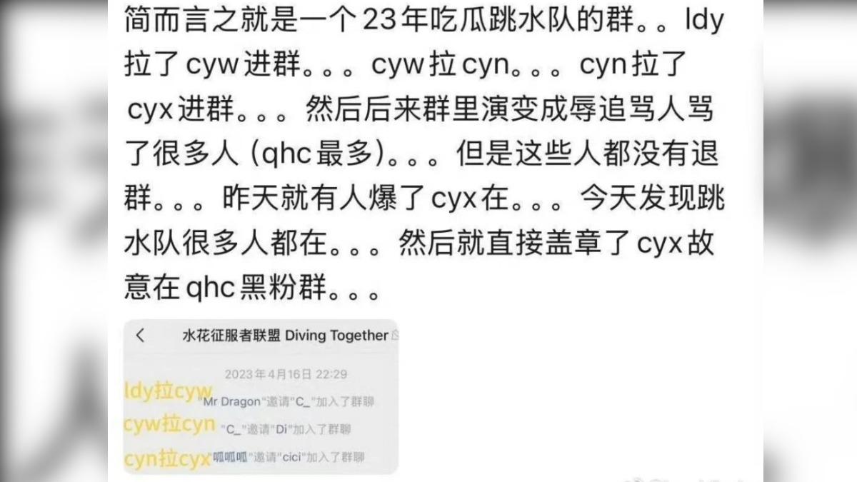 有網友爆料該群組內有多名中國跳水選手,其中ldy為龍道一、cyw為陳藝文、cyn為昌雅妮、cyx為陳芋汐。 (圖/翻攝自微博)