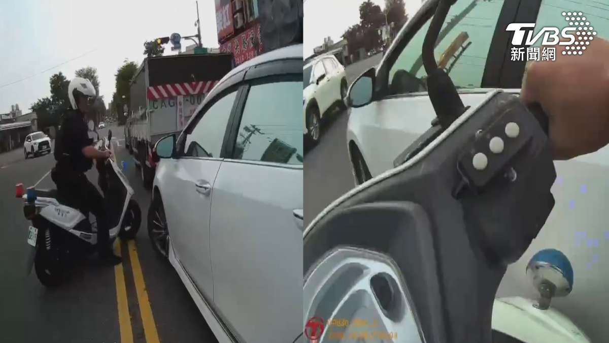 警方在路口發現一部可疑白車,沒想到駕駛先是假裝配合,下一秒竟然踩死油門、加速衝向員警(圖/TVBS)