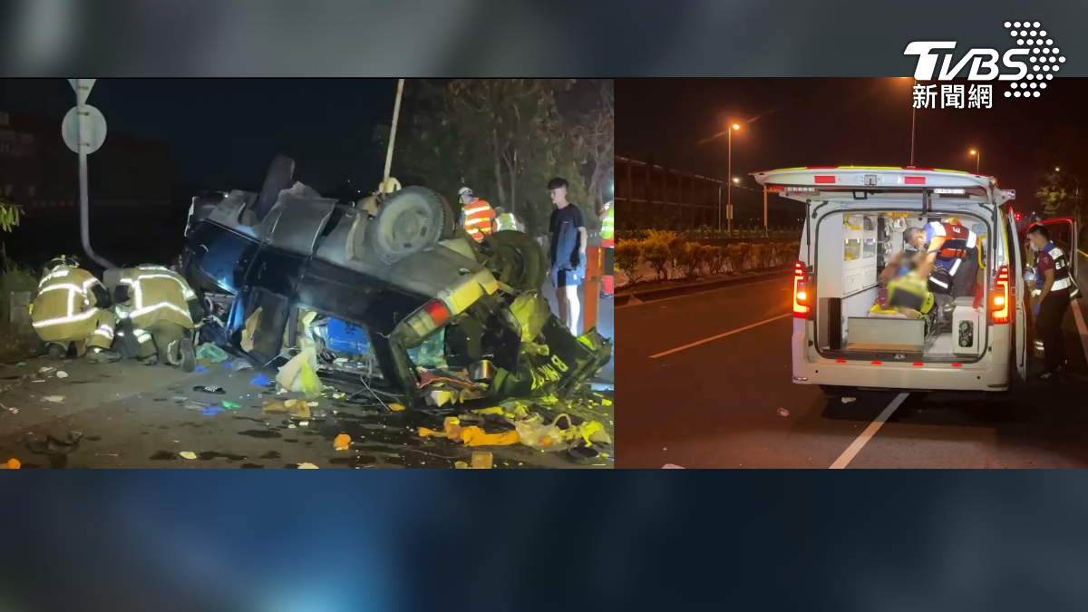 被追撞的小貨車翻車全毀,43歲駕駛噴飛車外,傷勢嚴重,送醫不治身亡(圖/TVBS)