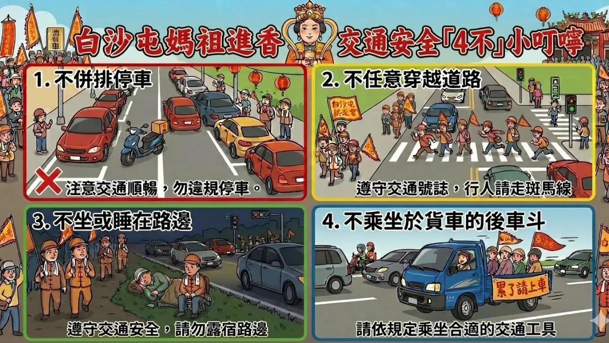 警方提醒白沙屯媽祖進香「四不」原則。(圖/苗栗縣警局提供)