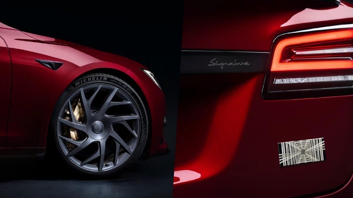 Model S標配帶有金色卡鉗的碳纖維陶瓷煞車系統,車尾新增Signature字樣。(圖/Tesla提供)