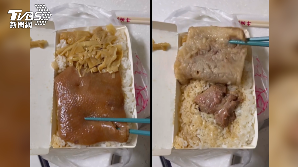 有網友分享,在嘉義外帶「腳庫飯」,卻拿到整片又油又厚的「豬皮」和少少的肉,讓網友無奈說「是詐騙」。(圖/翻攝Threads_army84240)