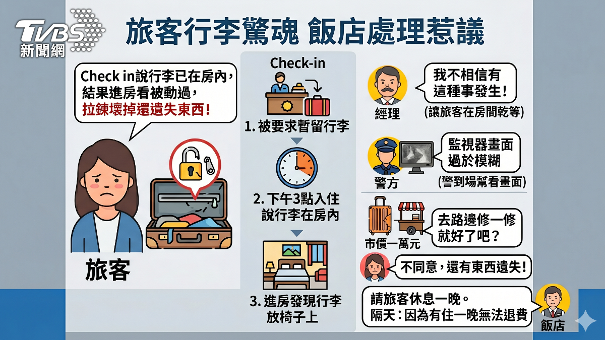 旅客不滿飯店害行李損壞。(圖/AI製圖)