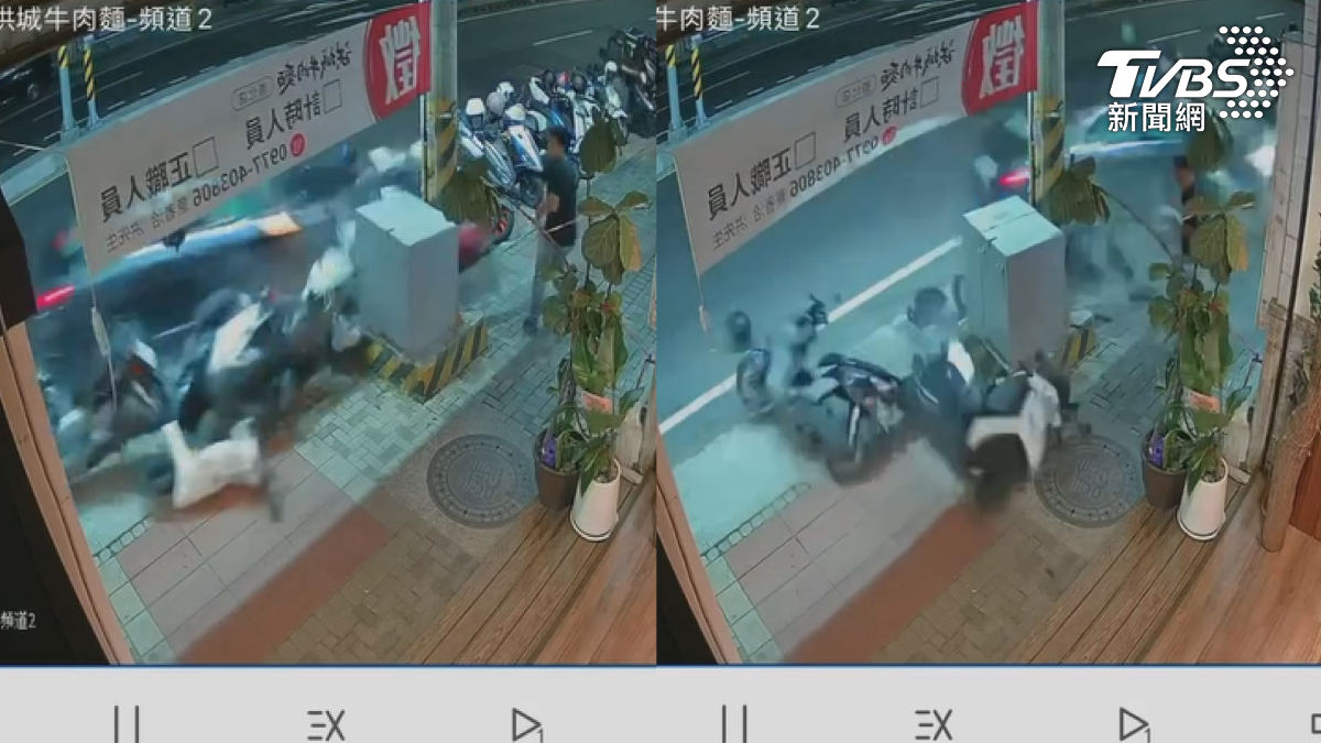 轎車失控衝向路邊橫掃15部機車，不只差一點衝進店面，還差點撞飛人行道上的民眾（圖／翻攝臉書＠洪城牛肉麵善化店）