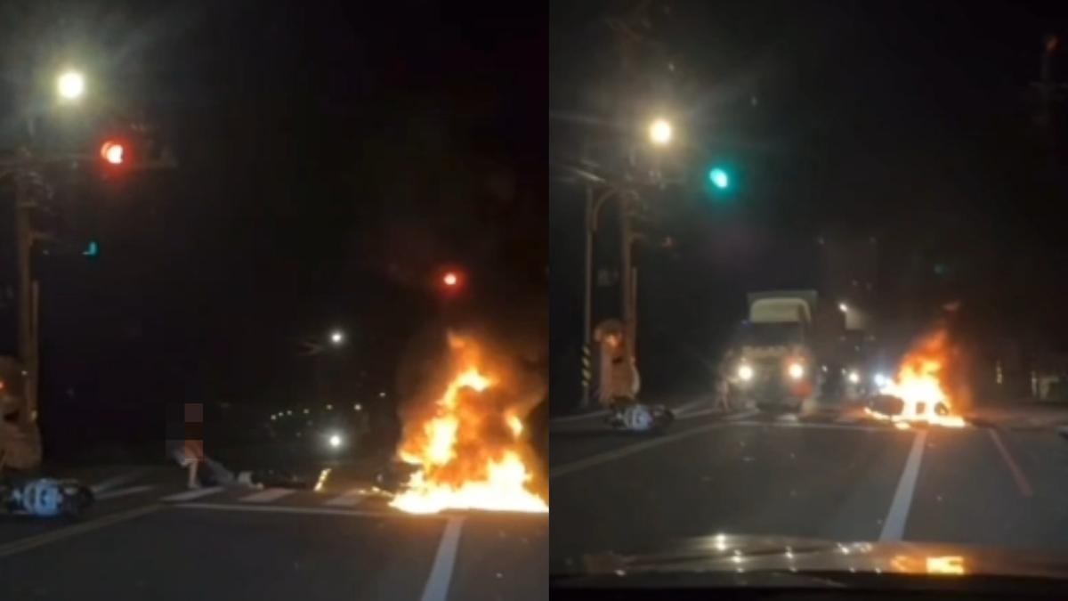 桃園機車遭猛火吞噬!乘客拍滅火苗急拉騎士搶命 腿兩度燒燙傷