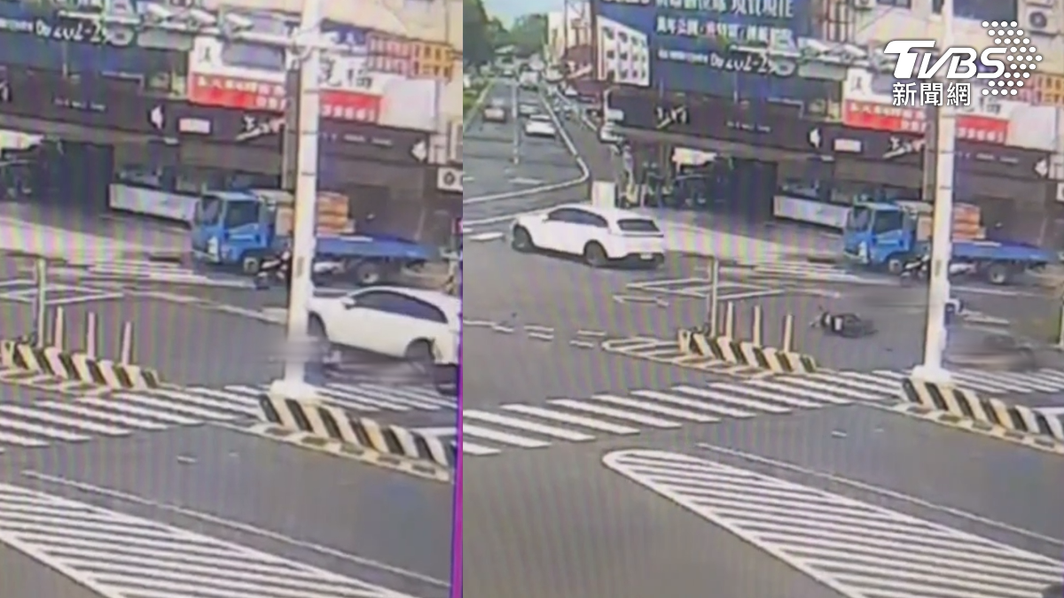 自小客撞多輛機車，騎士們連人帶車通通倒在地上，車殼、零件四散（圖／TVBS）