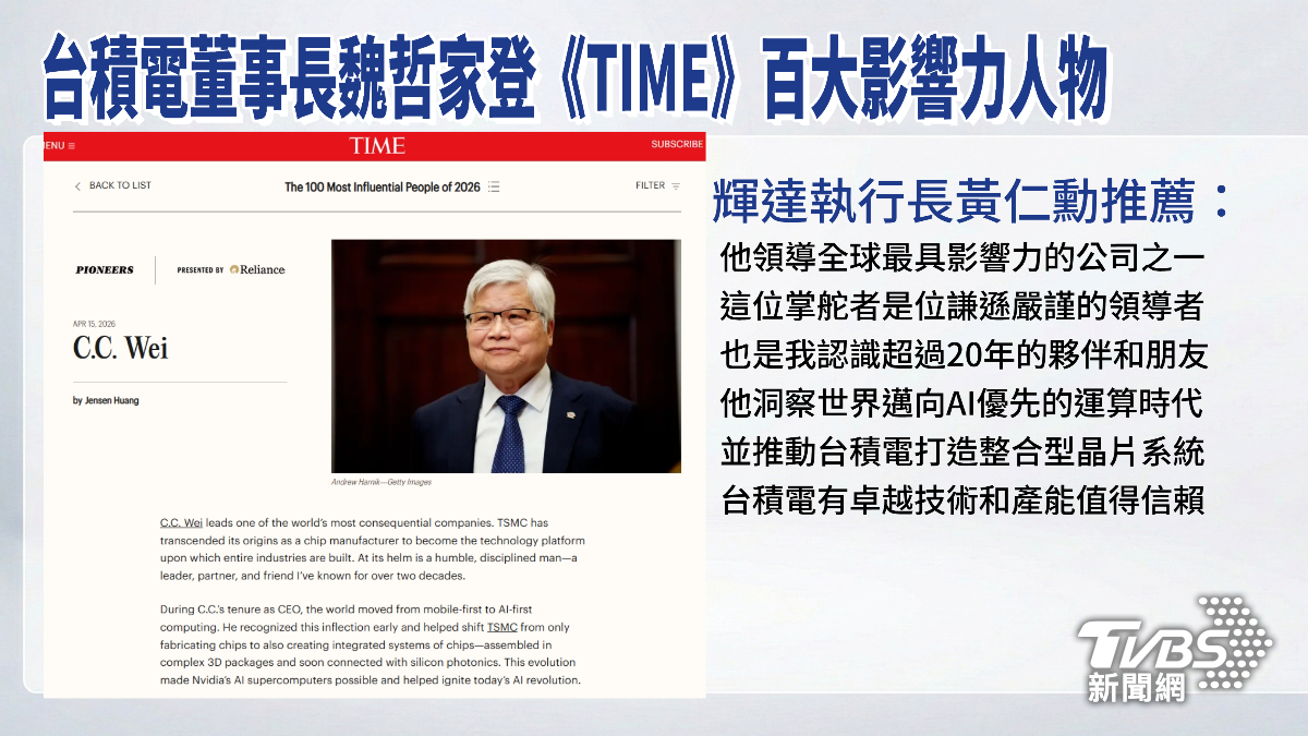 台積電董事長魏哲家登上《時代》百大影響力人物榜單。(圖片來源/時代官網)