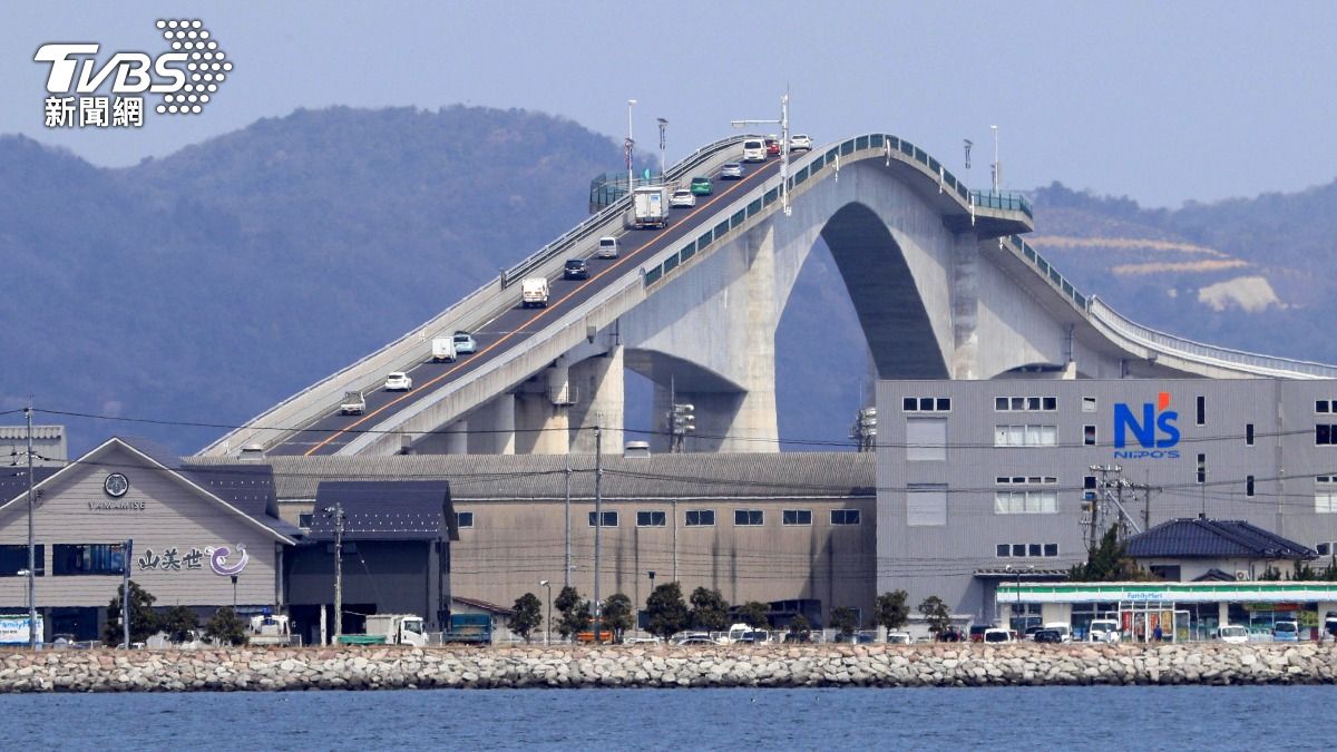 日本「江島大橋」90度垂直奇景爆紅。（圖／達志影像美聯社）