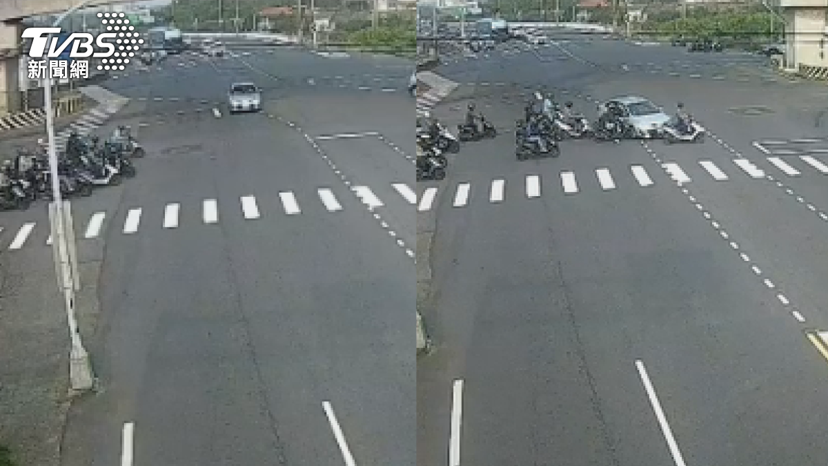 台南新化區，省道台20線跟台39線路口，17日發生一起誇張車禍，無照女闖紅燈撞3車，自稱考照6次沒過，為了看出車禍的兒子，才會冒險上路。（圖／TVBS）