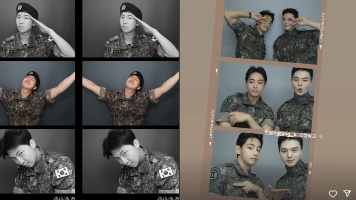 BTS隊長RM（左）和金泰亨（右）也各自拍了軍裝造型的人生四格。（圖／翻攝RM、金泰亨IG）