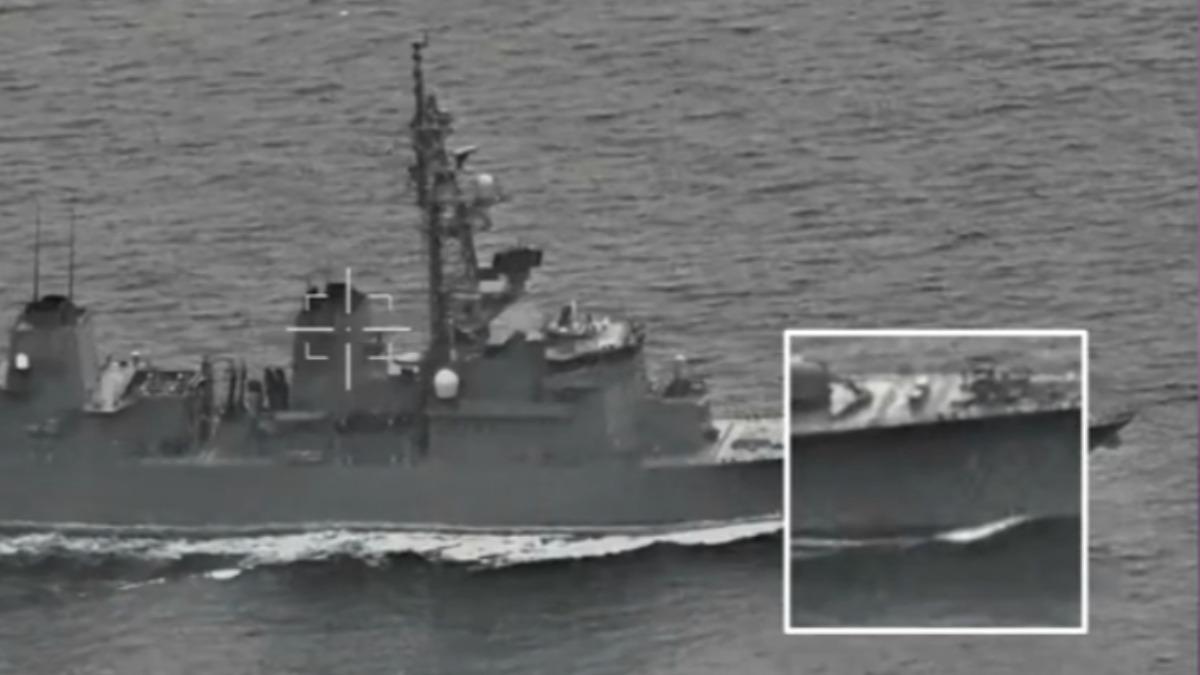 日本護衛艦雷號通過台灣海峽，準備赴南海參加聯合軍演，解放軍公布監控畫面。（圖／央視）