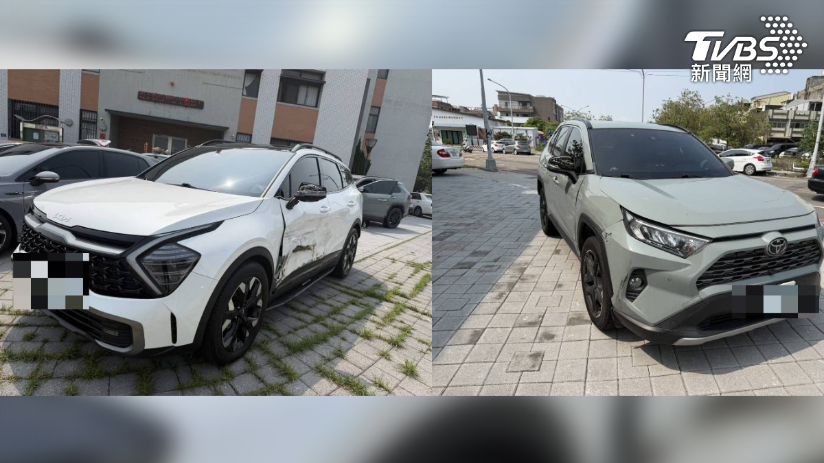 這起車禍(左圖)最內線的灰色休旅車撞毀,無辜被夾擊的休旅車,車殼滿是擦傷被擠出車道,直接衝撞分隔島(圖/TVBS)
