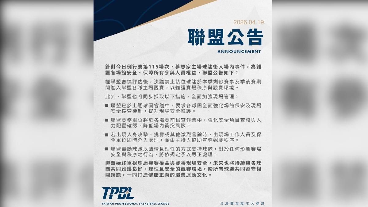 TPBL發布公告,重罰失控球迷。(圖/翻攝TPBL IG)