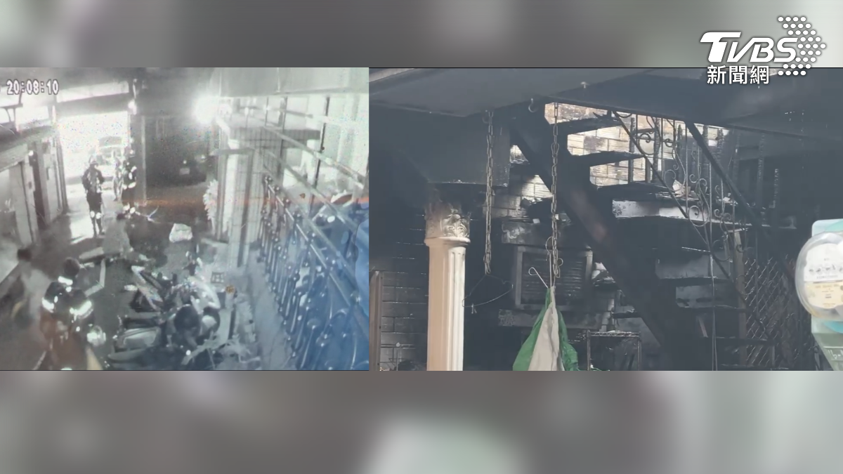 嘉義透天厝深夜竄出大火，由於狹窄的無尾巷底，增加救災困難，消防人員清理火場，在三樓陽台發現一家三口倒臥，緊急送往醫院搶救仍宣告不治。（圖／TVBS）