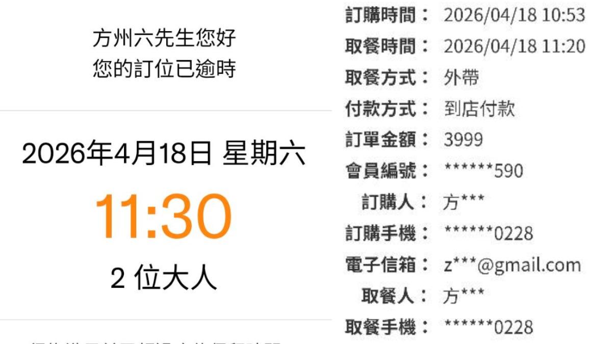 民眾打110檢舉違停，手機號碼被惡意訂位、訂披薩，質疑警方外洩個資。 (圖／民眾提供)