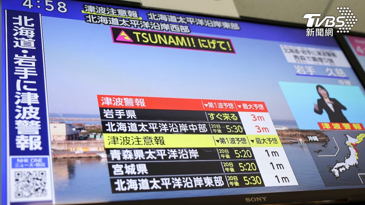 日本外海發生地震引發海嘯，電視台緊急發布警報，要大家快逃。（圖／達志影像路透社）