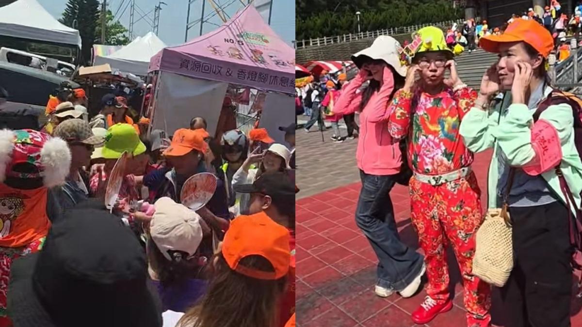 吊車大王追媽祖!遭群眾包圍成人形立牌 嗨比愛心、發結緣品