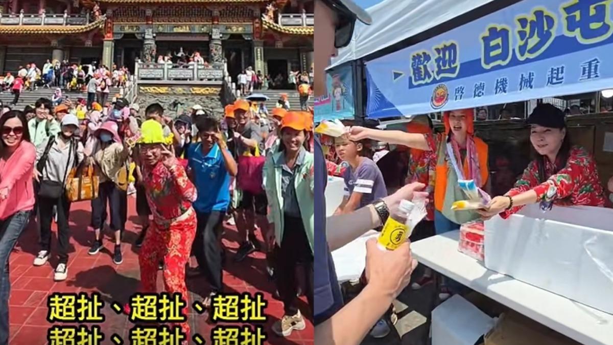 吊車大王親民與信眾跳舞,團隊發放結緣品。(圖/翻攝自啟德機械起重工程-股公司)