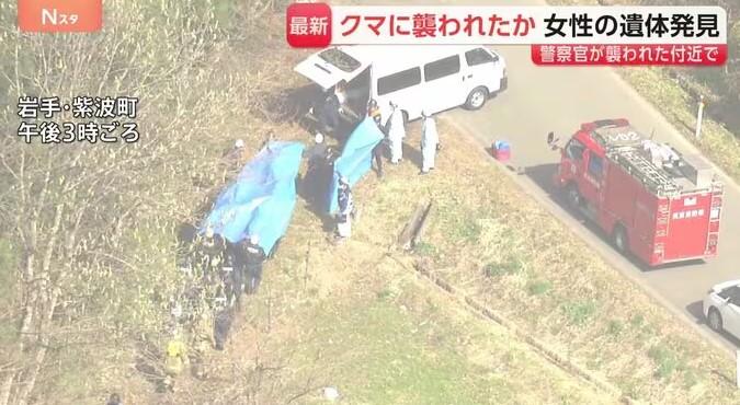 警方在男警遇襲處,還發現一具嚴重損毀的女性屍體,疑似遭到熊襲啃食。(圖/翻攝 TBS News)
