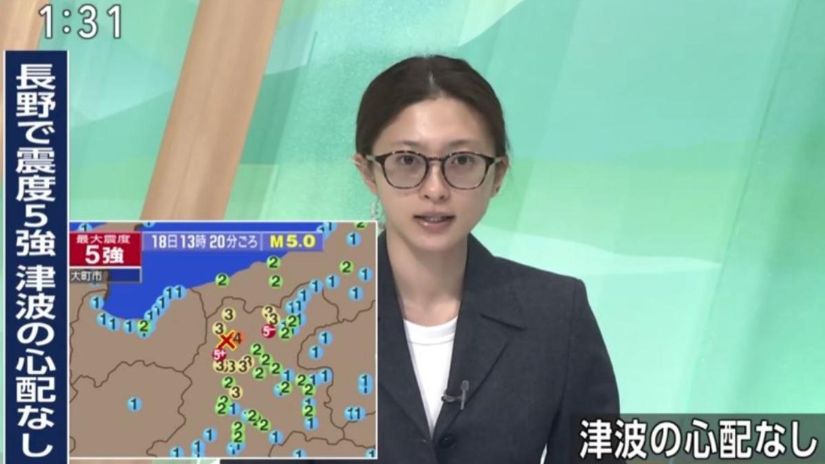 NHK長野放送局主播稻井清香在地震發生後,臨時趕回電視台播報。(圖/取自X@harmo_snipe)