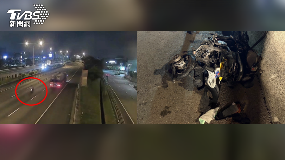 一名22歲吳姓騎士凌晨騎機車闖入國道狂飆,從高雄楠梓一路騎到台南仁德,期間與兩部小客車及大貨車發生碰撞,機車幾乎全毀(圖/TVBS)