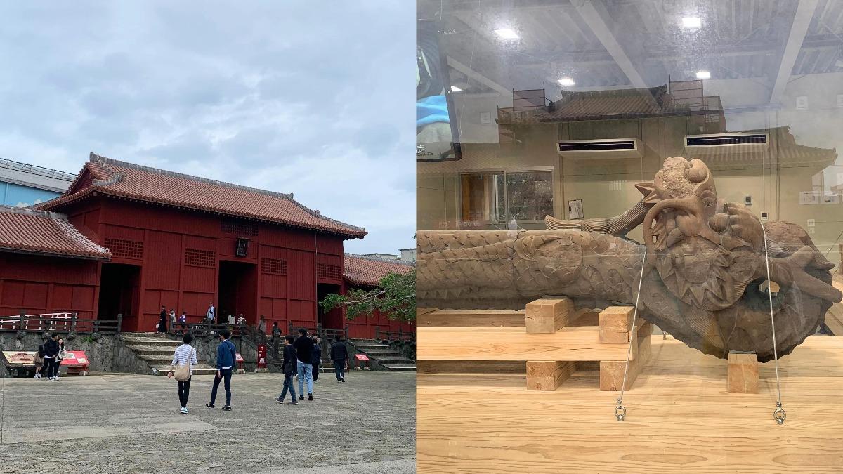 首里城正殿外觀（左）、館內的龍形木雕（右）。（圖／網路溫度計）