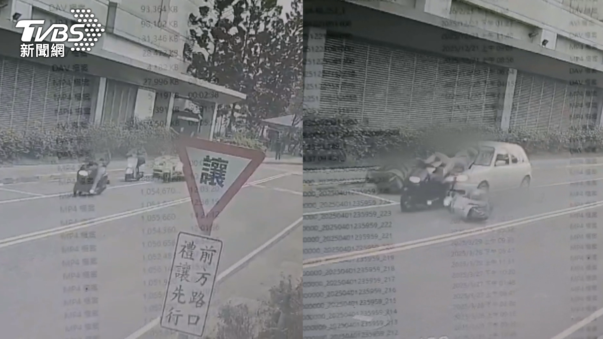 台南南科園區22日下午發生嚴重車禍,自小客車疑似失控暴衝,直接追撞3輛機車,其中1名騎士被撞飛「噴上引擎蓋」。(圖/TVBS)