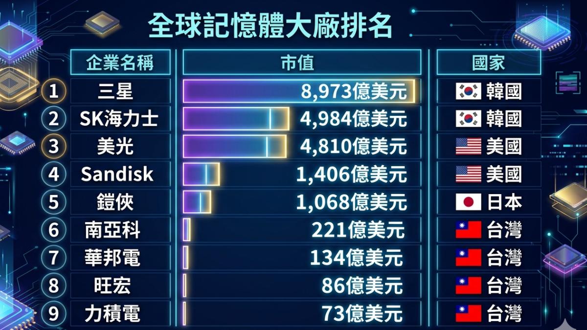 AI狂潮引爆!全球記憶體大廠排名出爐 台灣4企業入榜居首