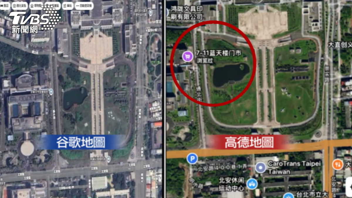 對比Google地圖,高德地圖將國內軍事營區「去識別化」,反倒是標示超商等設施露餡。(圖/TVBS)
