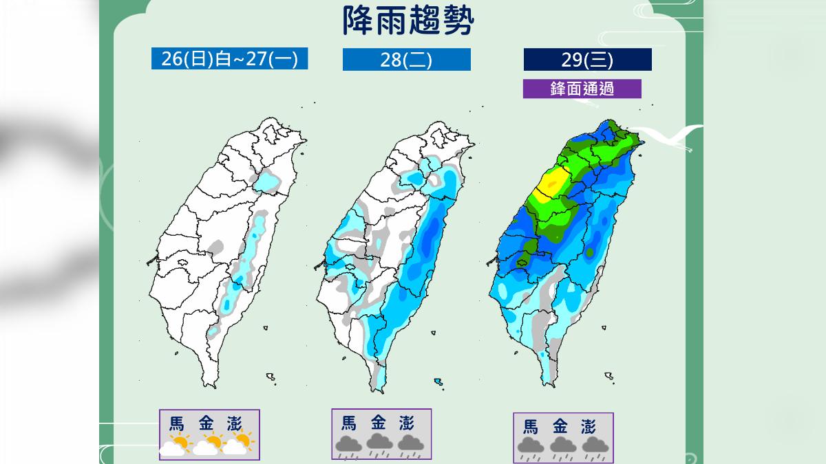周日至下周三降雨趨勢。(圖/中央氣象署)