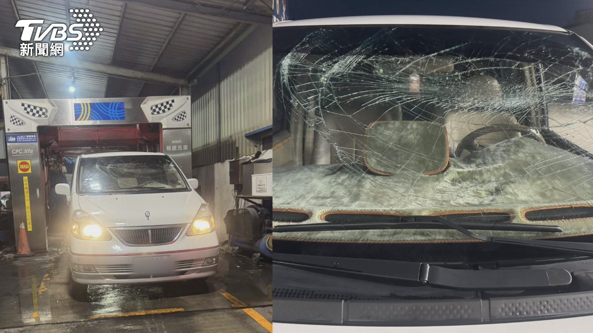 廂型車的前擋風玻璃已破成蜘蛛網狀,駕駛蕭女當場氣炸,指控加油站員工未提醒,警方也到場處理。(圖/TVBS)