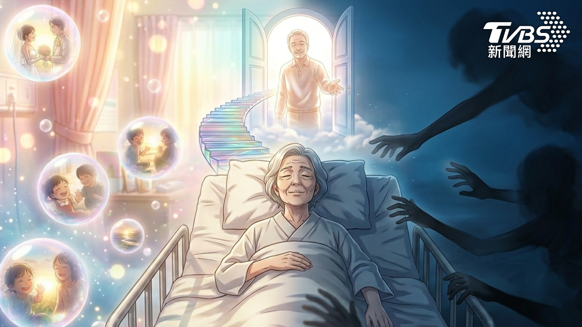 人們在臨終前幾天，常出現特定夢境或幻象，例如光線、通往另一端的門與樓梯，甚至與已故親人相見，有人則是會見到更黑暗的版本。（圖／AI生成）