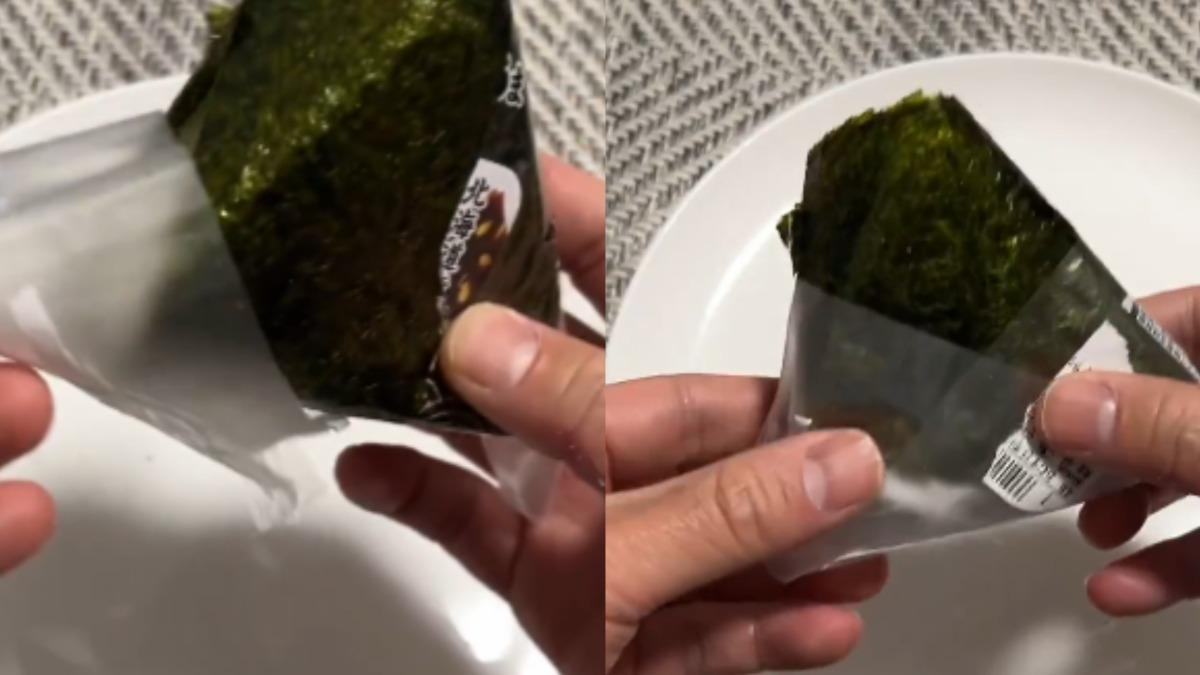 網友拆御飯糰包裝的小巧思,讓手不會碰到食物。(圖/翻攝自X@dydt_Nao)
