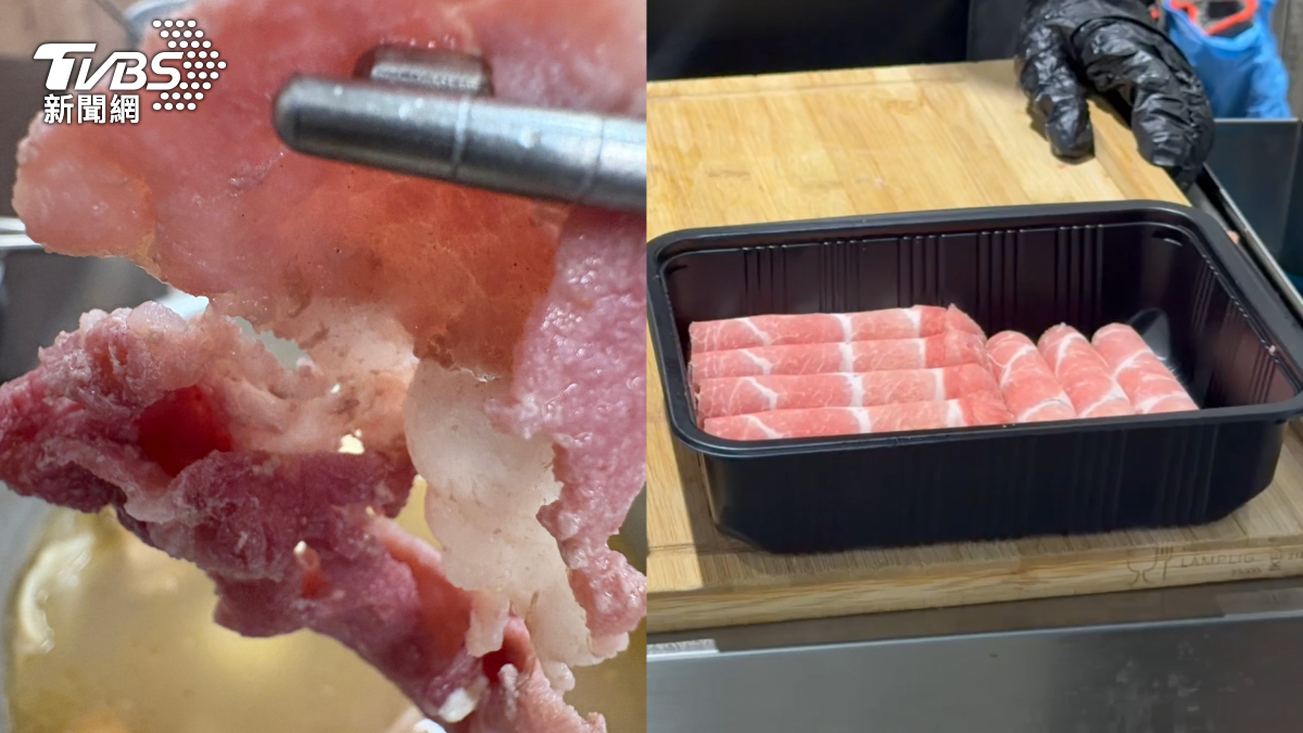 疑似重組肉的火鍋肉片煮完還是紅色的，肉舖販售的梅花豬，選用原肉的油花均勻、保留紋理。（圖／TVBS）