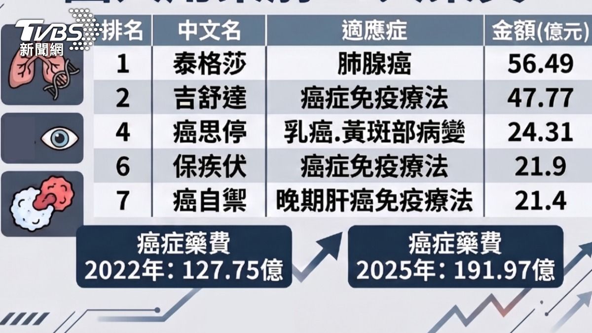 2025年前10大藥費排名，癌藥佔5名。(圖/TVBS)