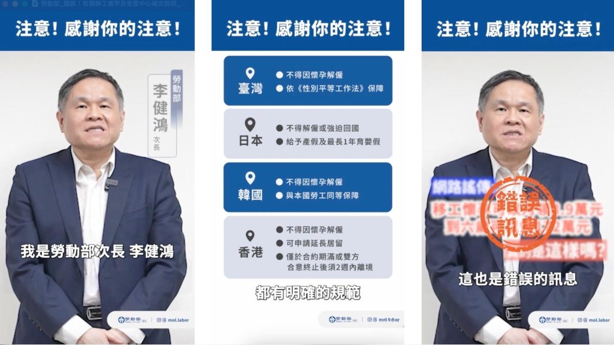 勞動部次長李健鴻表示,台灣依《性別平等工作法》保障,外籍看護懷孕,雇主不得因懷孕解僱。(圖/勞動部提供)