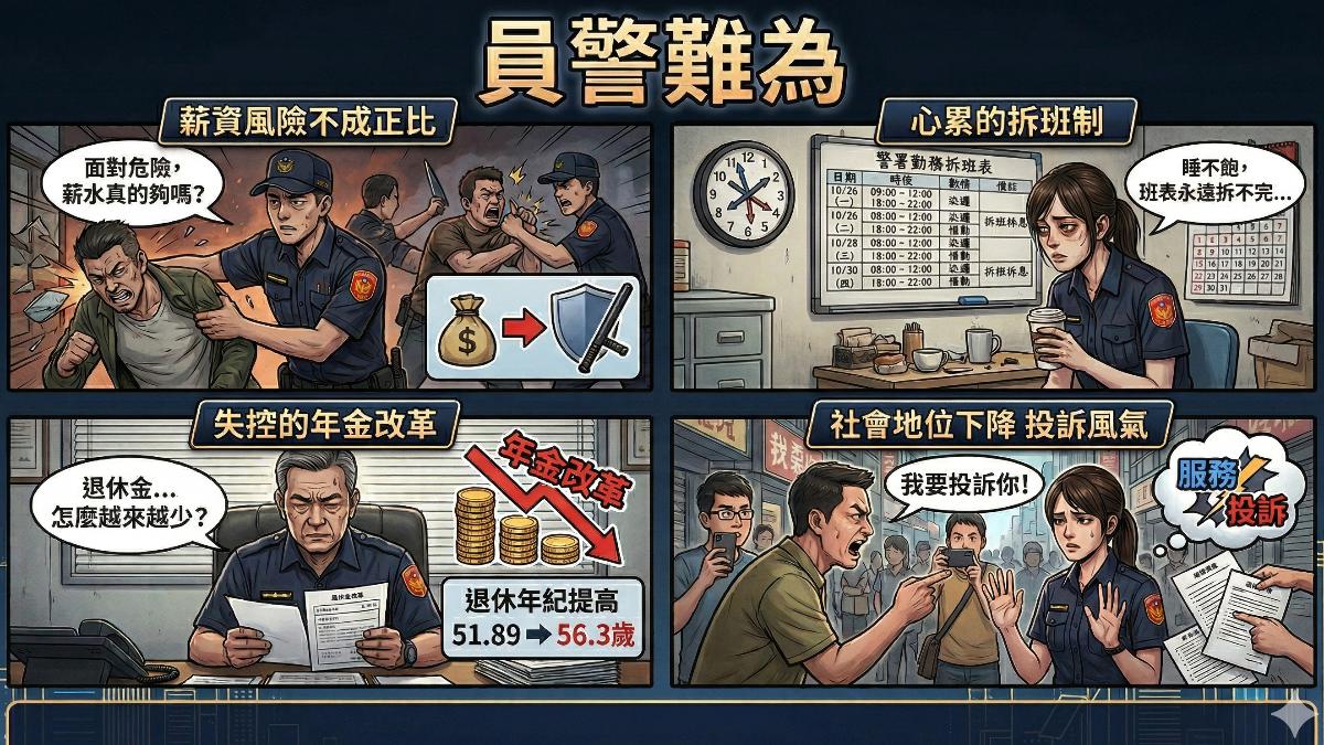 薪資風險不成正比，拆班制，員警好累。（圖／TVBS）