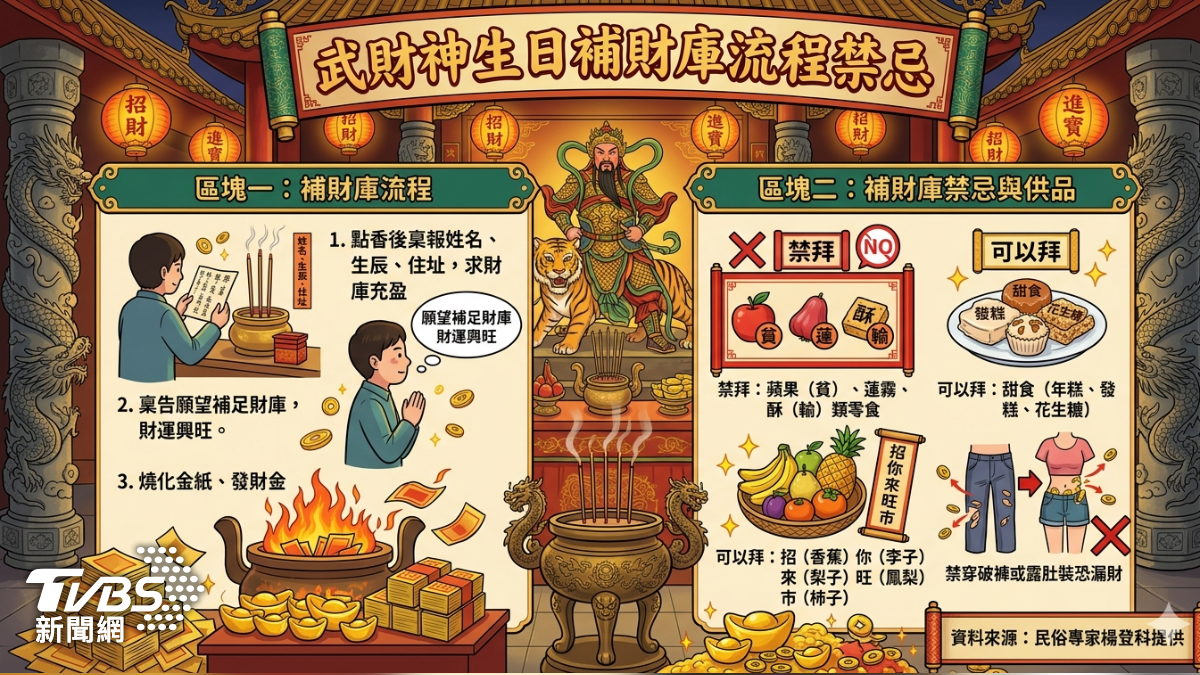 楊登嵙分享武財神生日補財庫流程與禁忌。(圖/AI生成圖,TVBS製作)