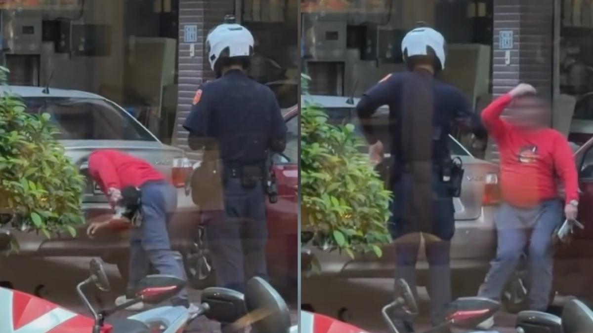 嘉義市一名男子無照駕駛,員警告知罰單最高可處6萬元時,情緒瞬間失控,竟以頭猛撞自己的轎車。(圖/翻攝Threads_j.yu_c87)