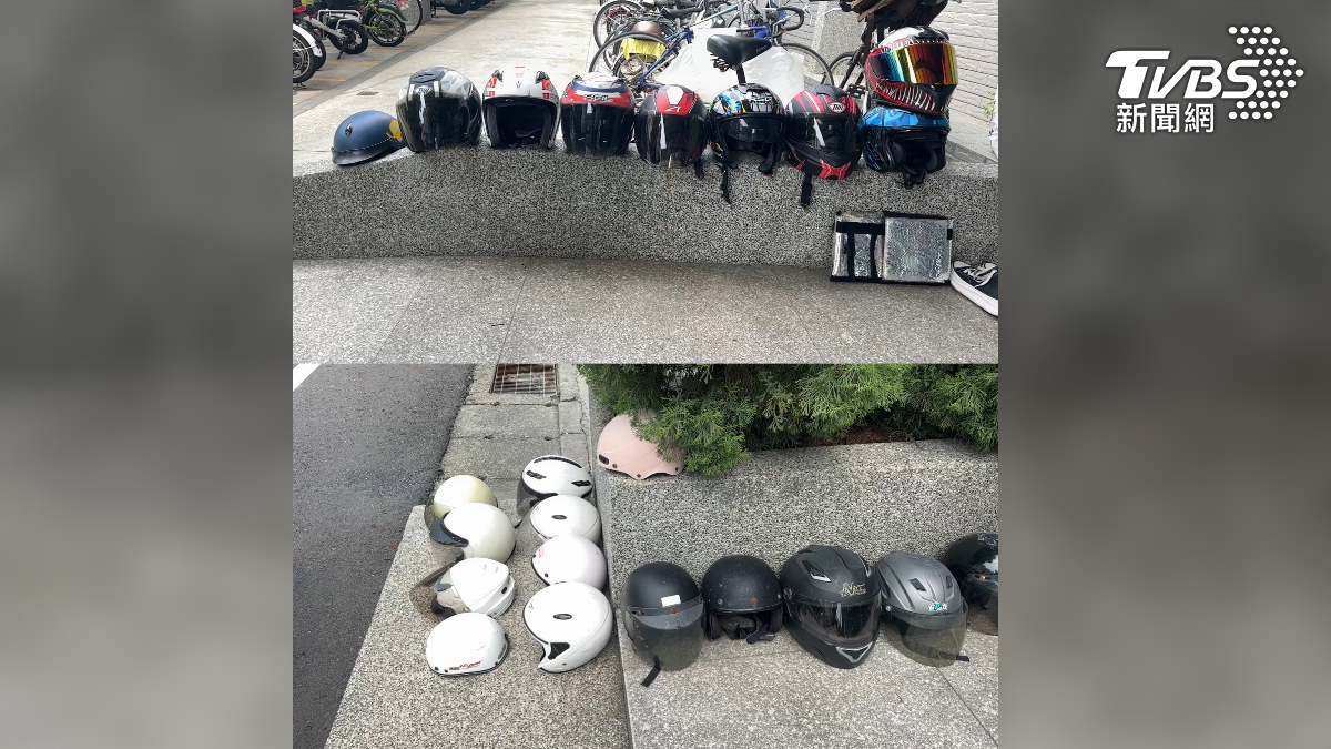 嘉義縣中正大學學生宿舍門口日前出現大量安全帽，全是一名金髮許姓女子所竊取的贓物（圖／TVBS）