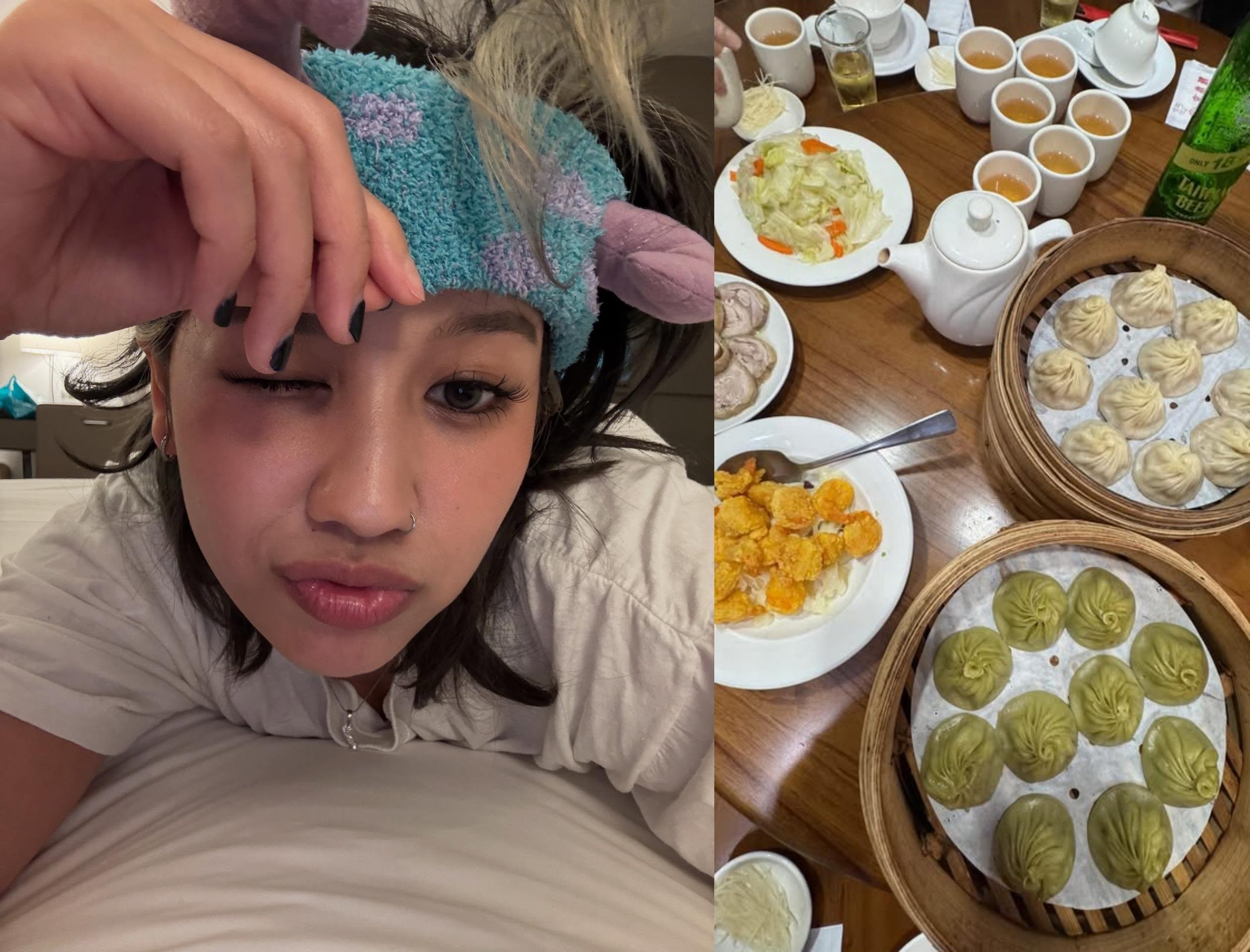 Leina稍早發文說自己實在是嗨到睡不著,也已經享用小籠包、台啤等美食。(圖/翻攝自Leina IG)