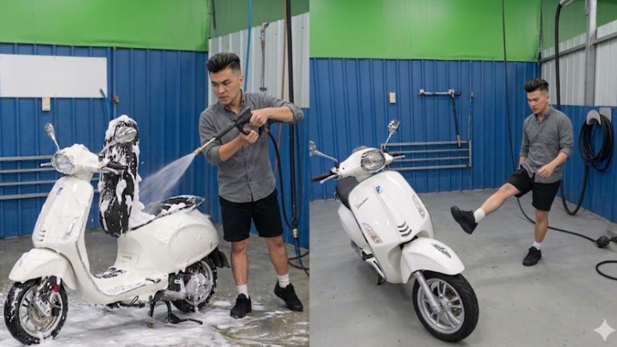 網傳一段影片，一名高中生霸凌國中生，向他機車噴水、踹車身等。（示意圖／AI製作）