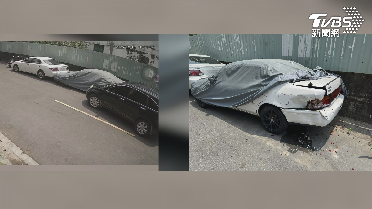 高雄仁武區大正路附近。監視器畫面顯示,一輛黑色休旅車在轉彎處完全沒有煞車,直接撞上路邊車輛(圖/TVBS)