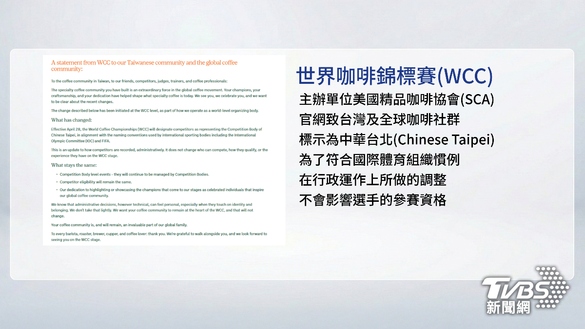 世界咖啡錦標賽（WCC）主辦單位美國精品咖啡協會（SCA）在官網發出聲明。（圖片來源／SCA）