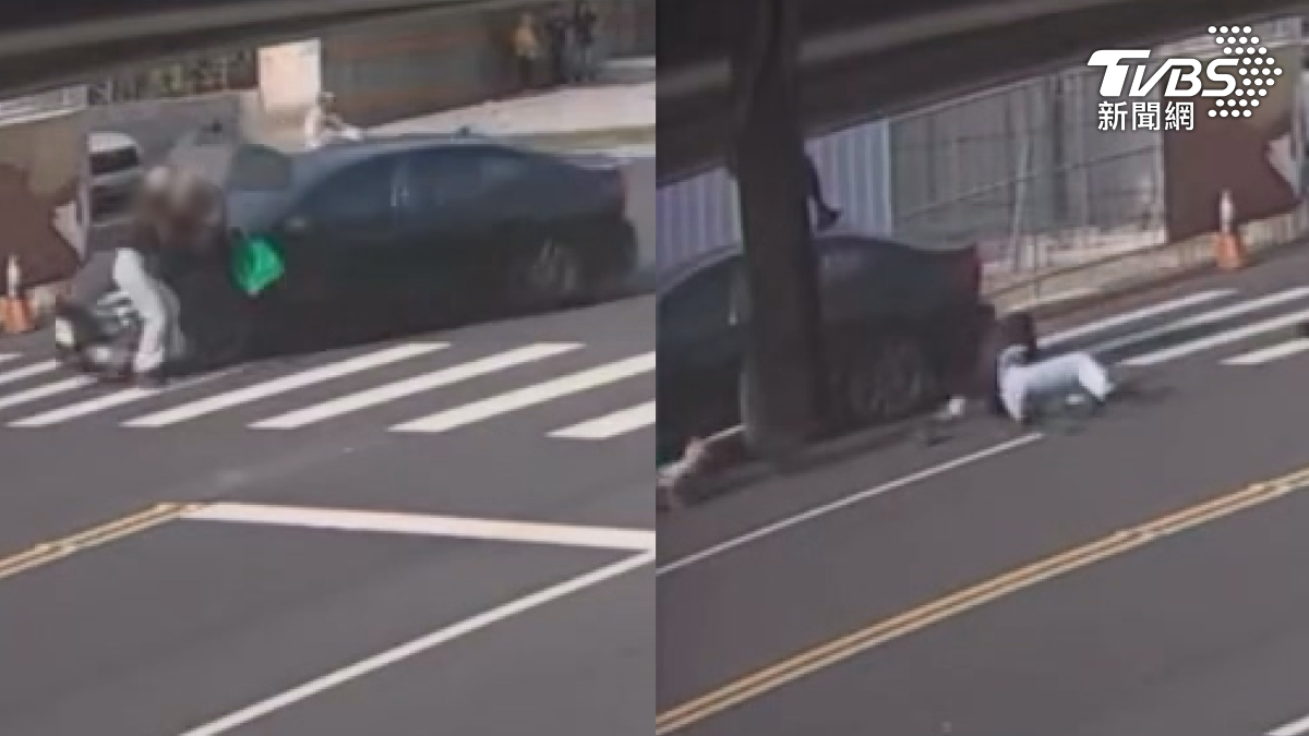 嘉義街頭發生一起驚險車禍,一對夫妻通過馬路,卻被一輛左轉的自小客高速撞上,兩人當場被撞飛倒地,緊急送往醫院救治。(圖/TVBS)